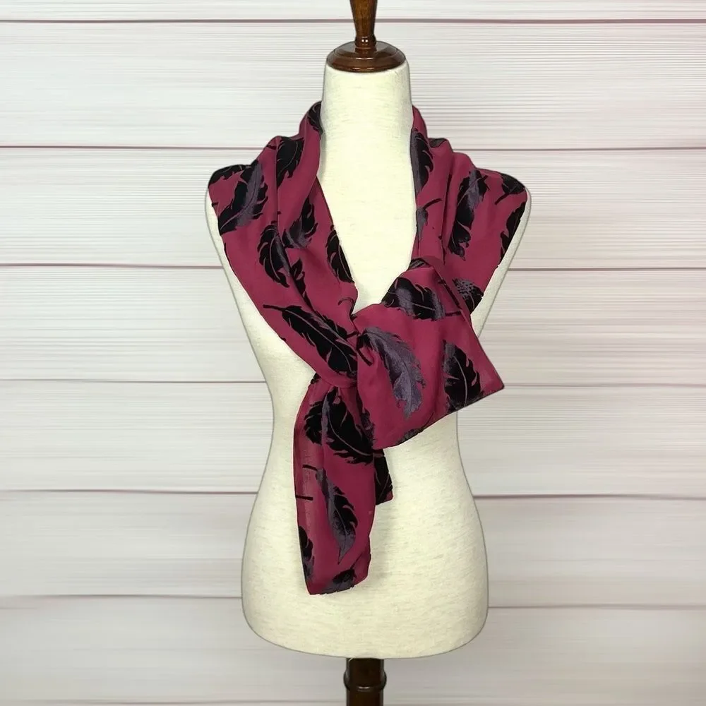 Elaine Gold Lined Scarf Rayon Silk Blend Burnout Velvet Burgundy Black Feathers